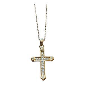 Gold Tone Cross Pendant With Clear Rhinestones Fashion Necklace Religious Faith